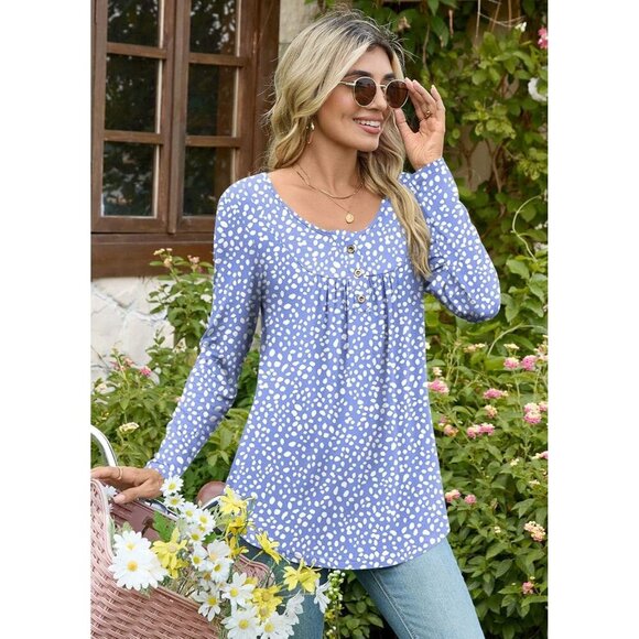 Women's Spotted Blue 2pc Pajama Set - Long Sleeve Shirt & Long Pant w/Pockets - Picture 6 of 7